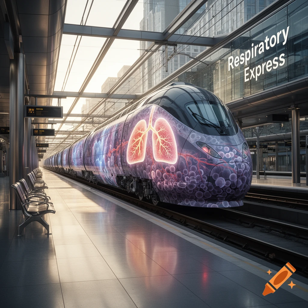 Photorealistic image of a futuristic train with glowing lung and cell designs, labeled "Respiratory Express", at a modern station platform.