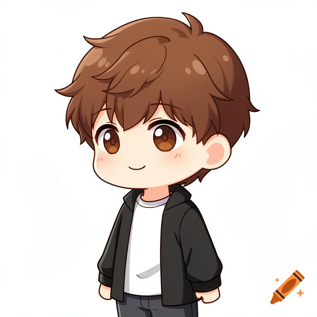 A cute chibi anime boy with brown hair and brown eyes, wearing a black ...