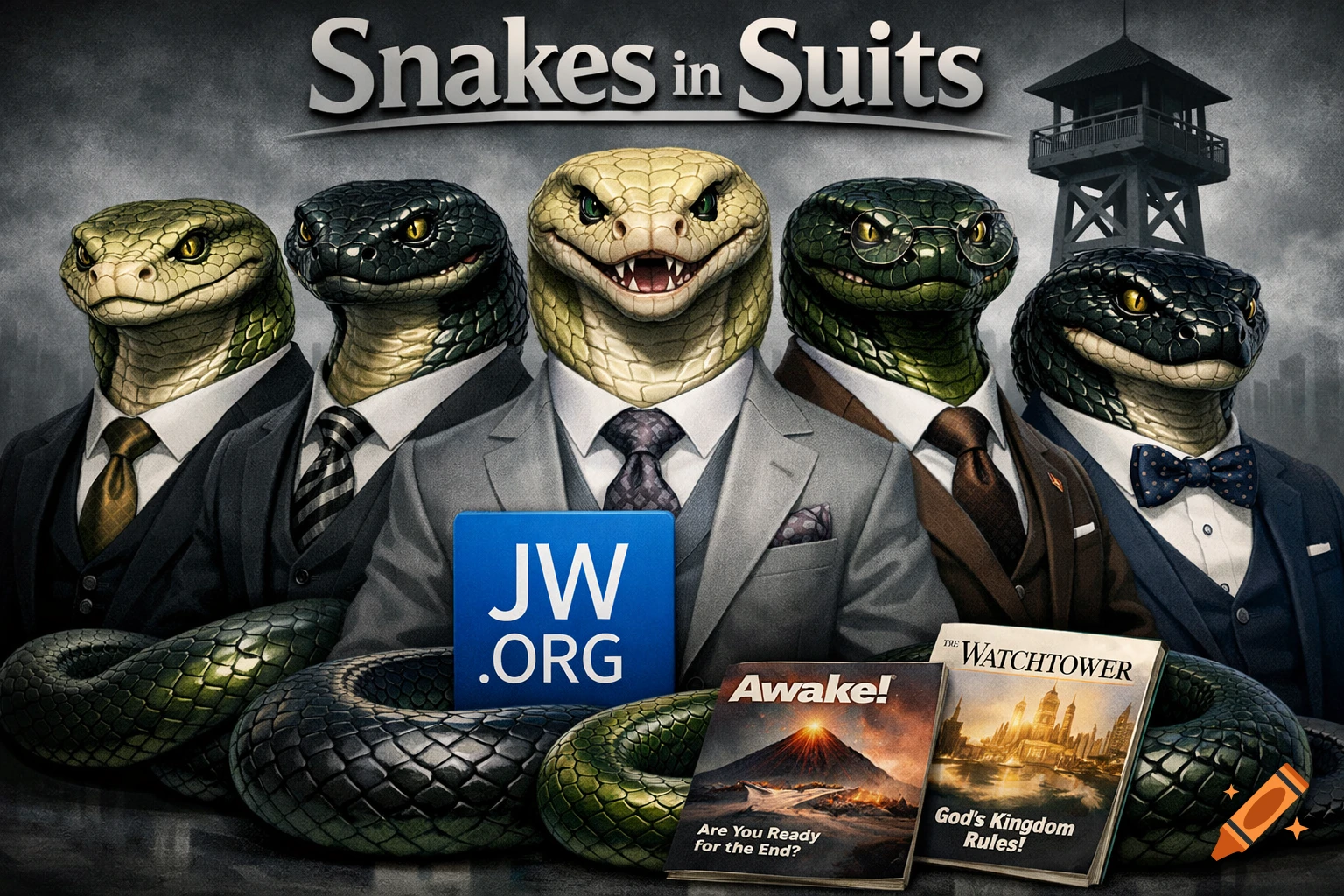 Five anthropomorphic snakes in business suits stand together under the title "Snakes in Suits." A JW.ORG logo, "Awake!" and "The Watchtower" magazines, and a watchtower building are also visible.