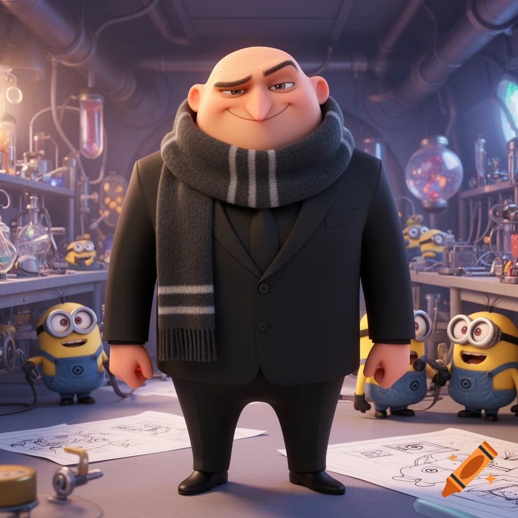 Gru from Despicable Me, bald and wearing a black suit and striped scarf, stands in a lab surrounded by several Minions.