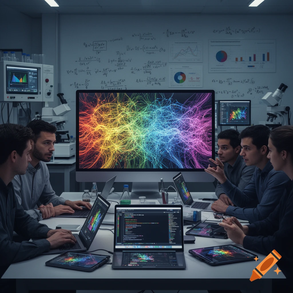 Group of researchers analyzing complex data visualization on a large monitor in a modern lab.