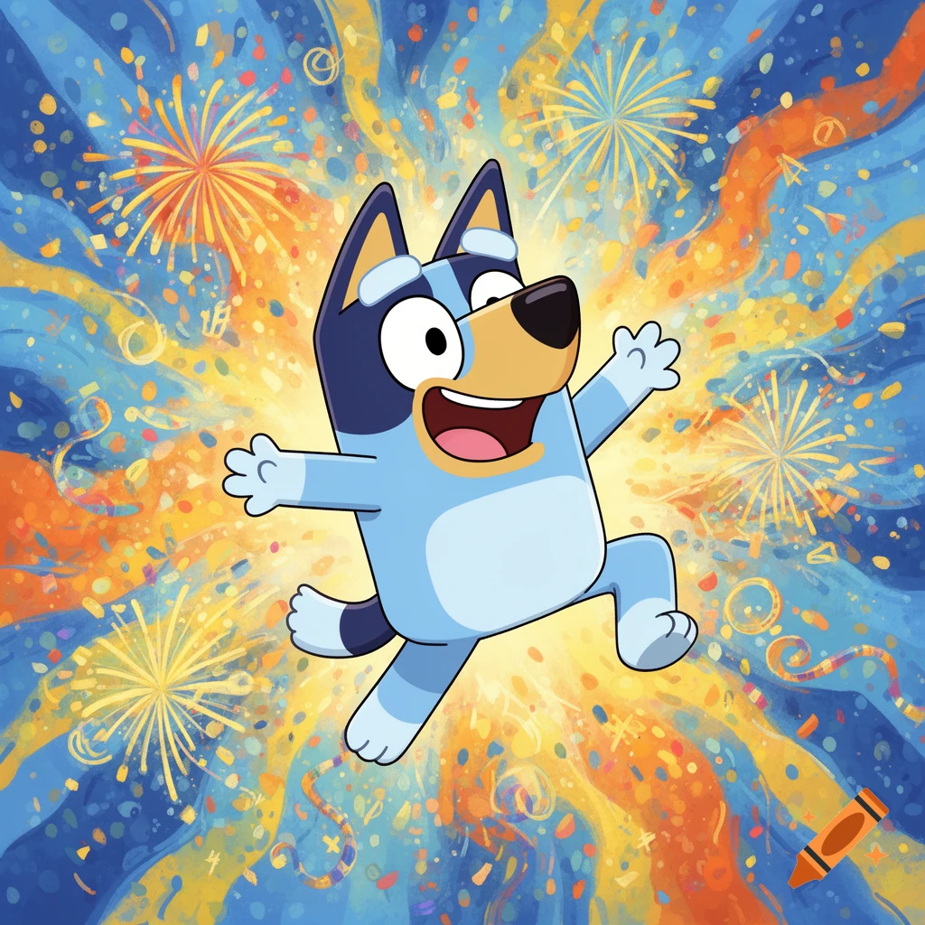 Bluey cartoon character joyfully jumps amidst colorful fireworks and confetti, in a vibrant celebratory scene.