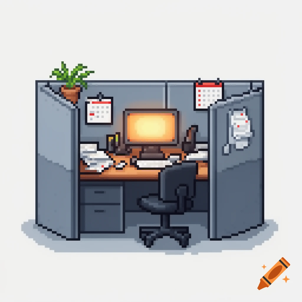 A detailed pixel art illustration of a corporate cubicle with a desk, computer, office chair, potted plant, and documents.