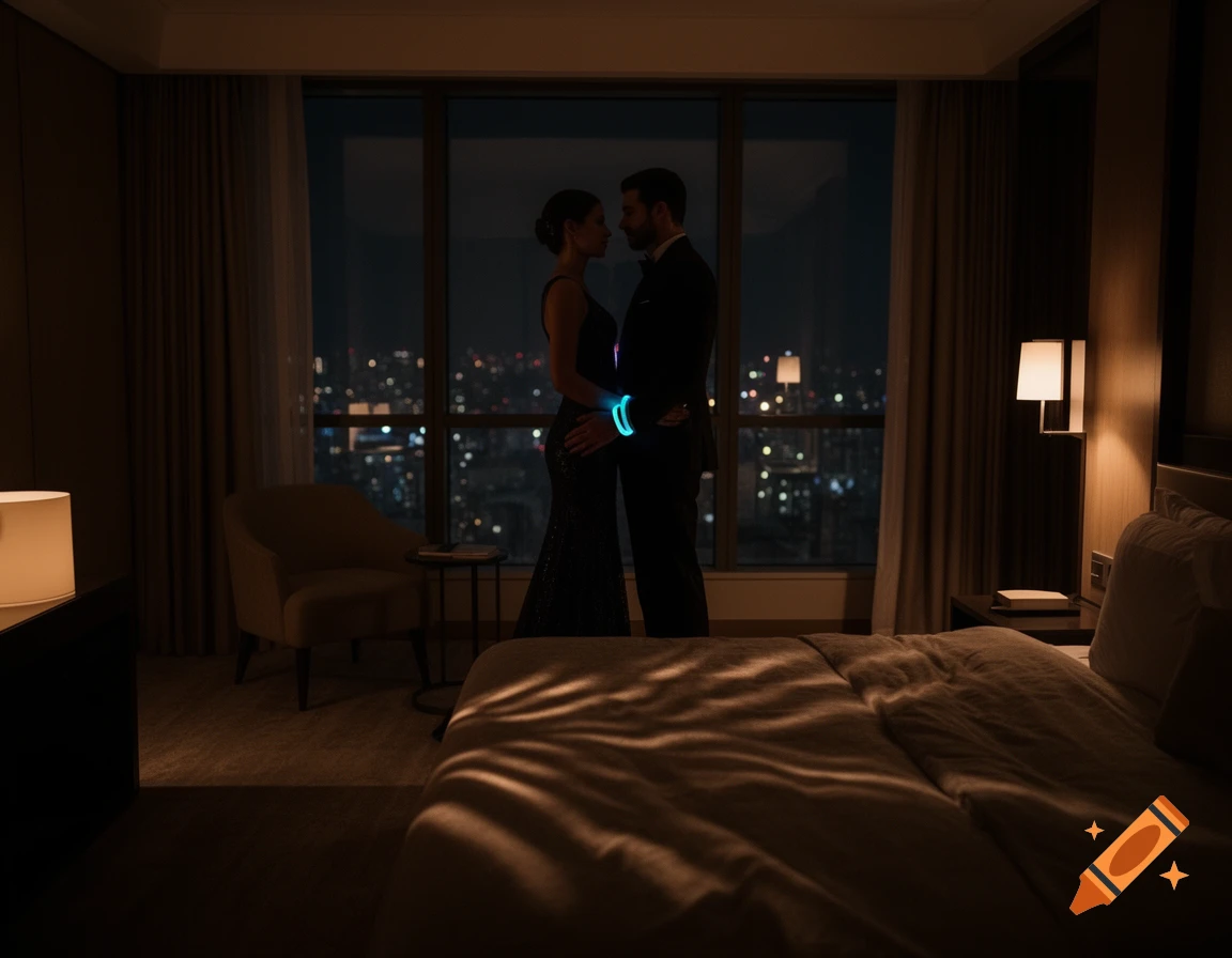 A couple stands intimately by a hotel room window, silhouetted against a glowing city at night, wearing phosphorescent bracelets.