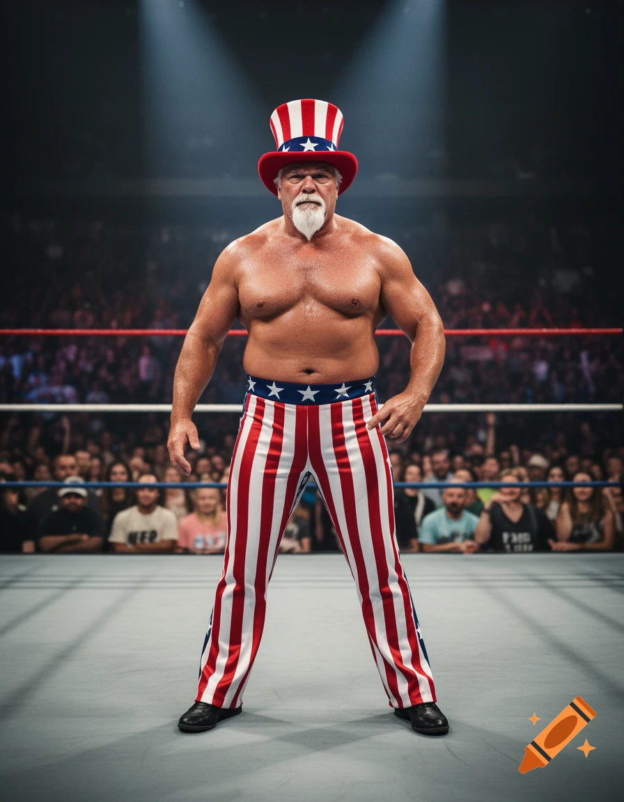 A muscular wrestler with a white goatee wearing patriotic pants and a stars and stripes top hat stands in a wrestling ring.
