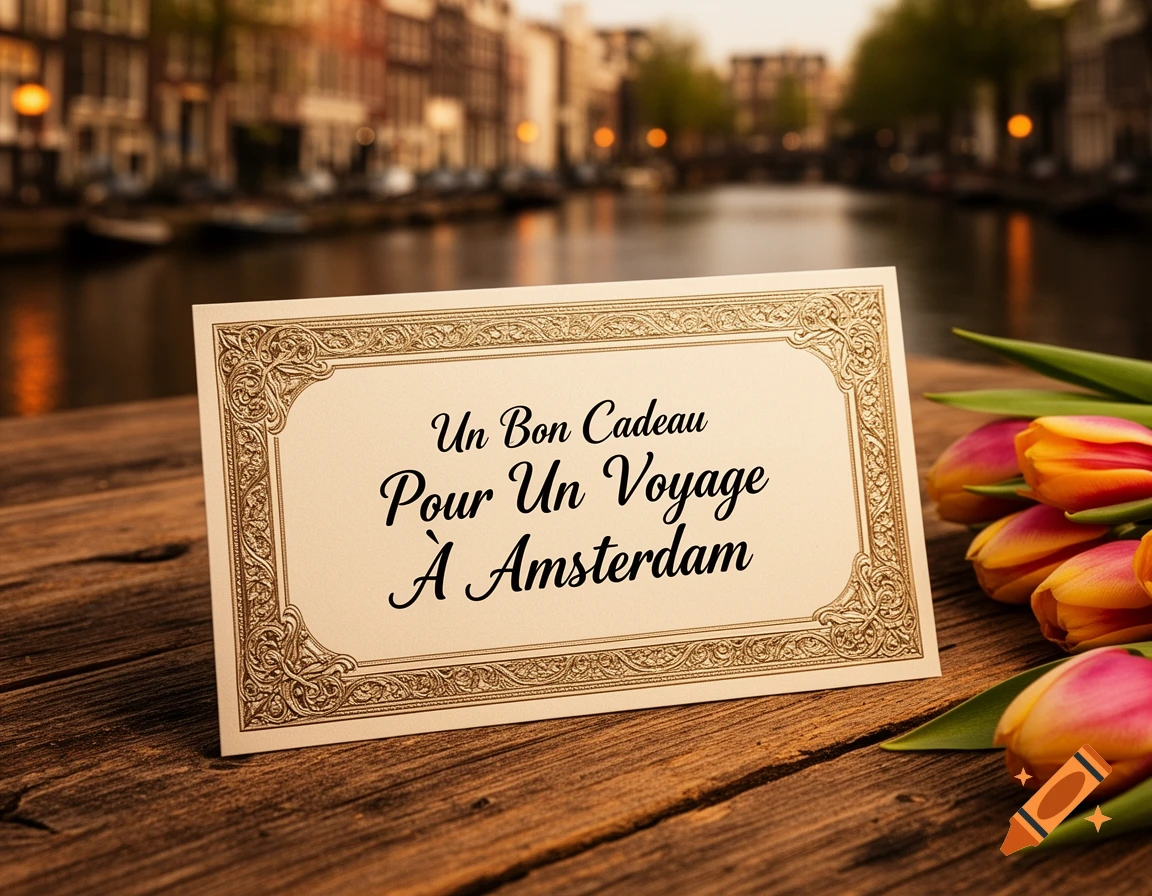 A gift card on a wooden table, text reads 'Un Bon Cadeau Pour Un Voyage À Amsterdam,' with tulips and a blurred city.