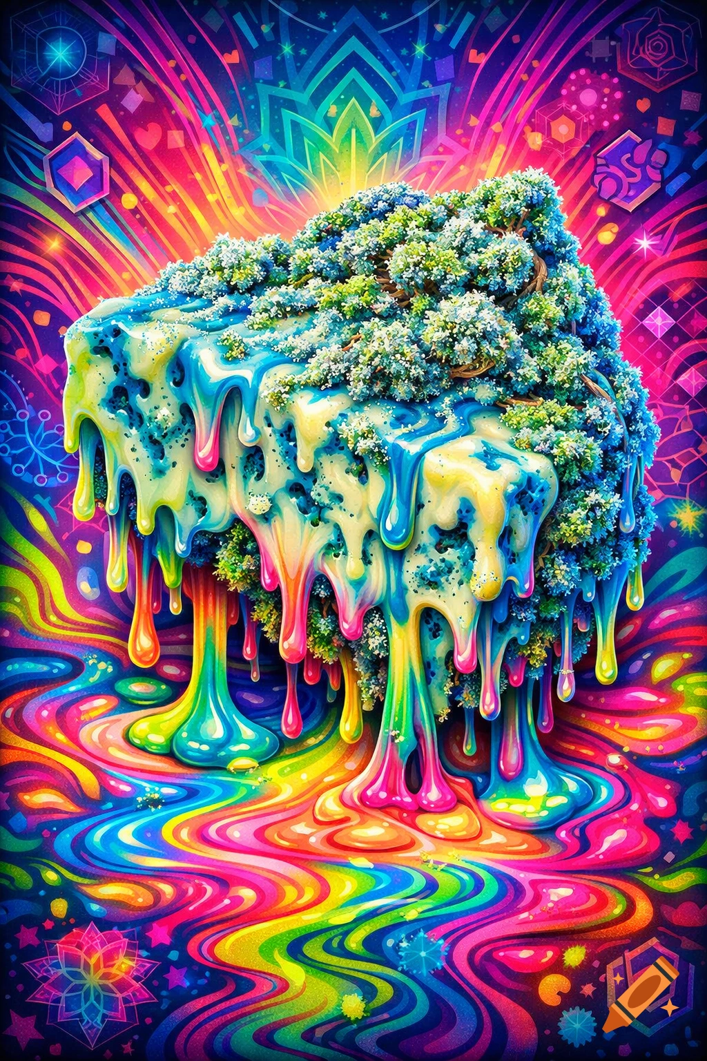 Psychedelic artwork of a vibrant, melting mound covered in green and blue trichomes, dripping into a swirling rainbow pool.
