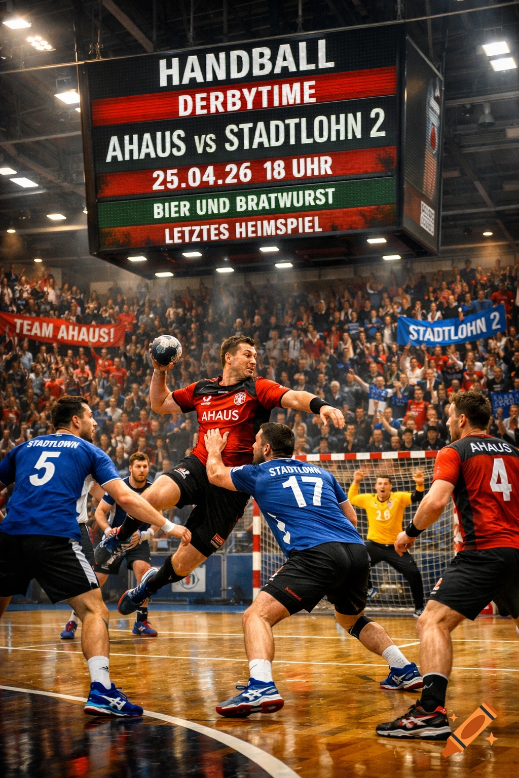 Photorealistic image of a handball game in progress. A player in a red jersey jumps to shoot, defended by two players in blue. A large scoreboard shows game details, and a packed crowd watches from the stands.