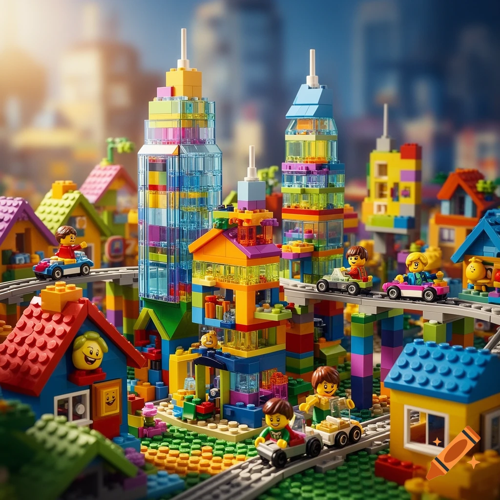 A vibrant and colorful Lego city with tall buildings, houses, roads, and Lego minifigures driving small cars.