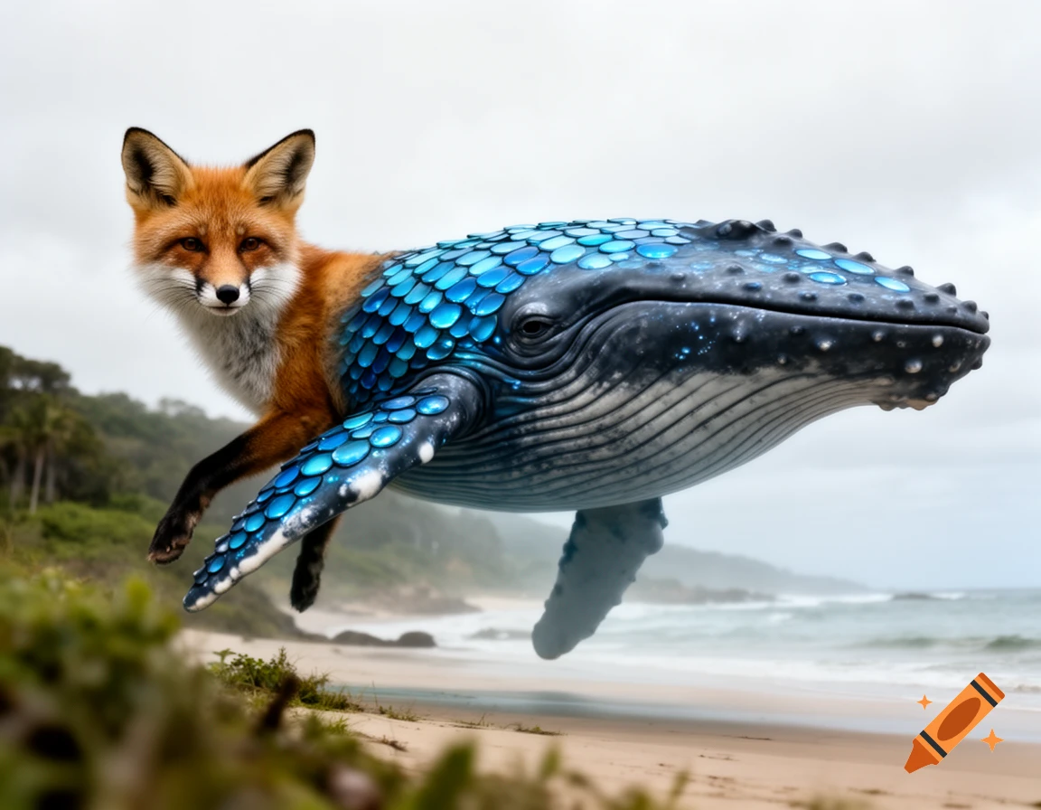 Fantasy creature with a fox's head and legs on a blue whale's body, flying over a tropical beach.