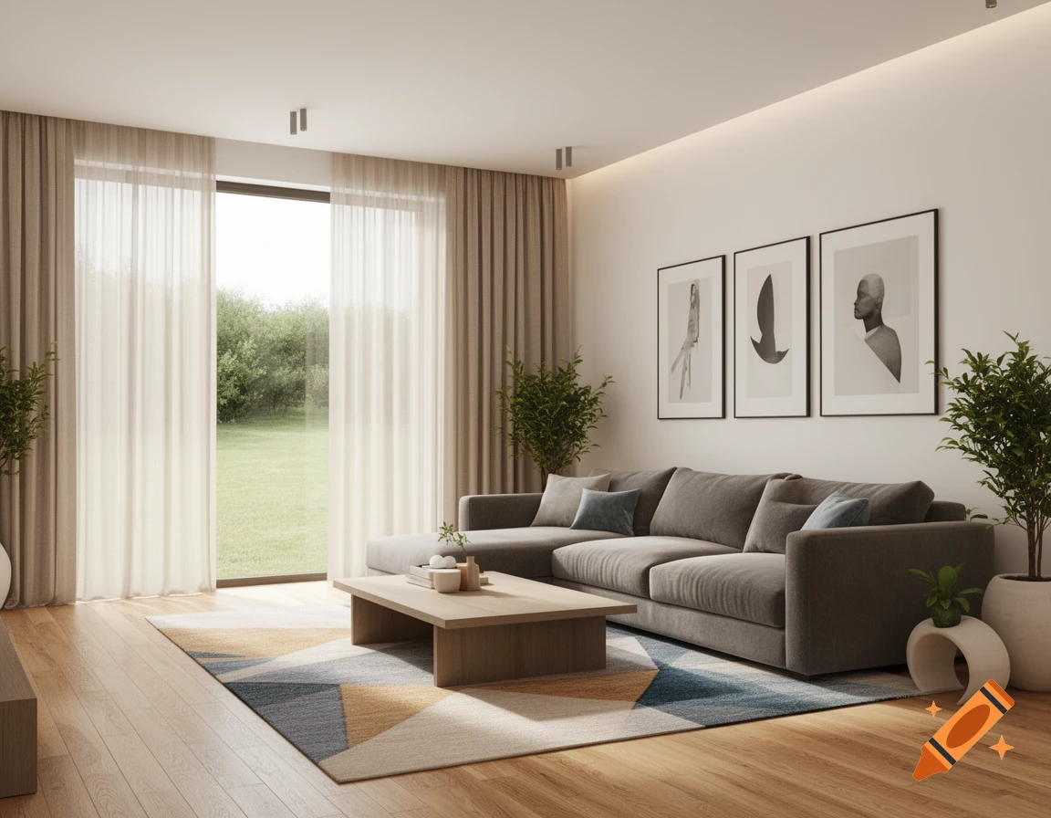 A modern living room with a grey sectional sofa, a light wood coffee table, a geometric rug, and large windows looking out onto a green lawn.