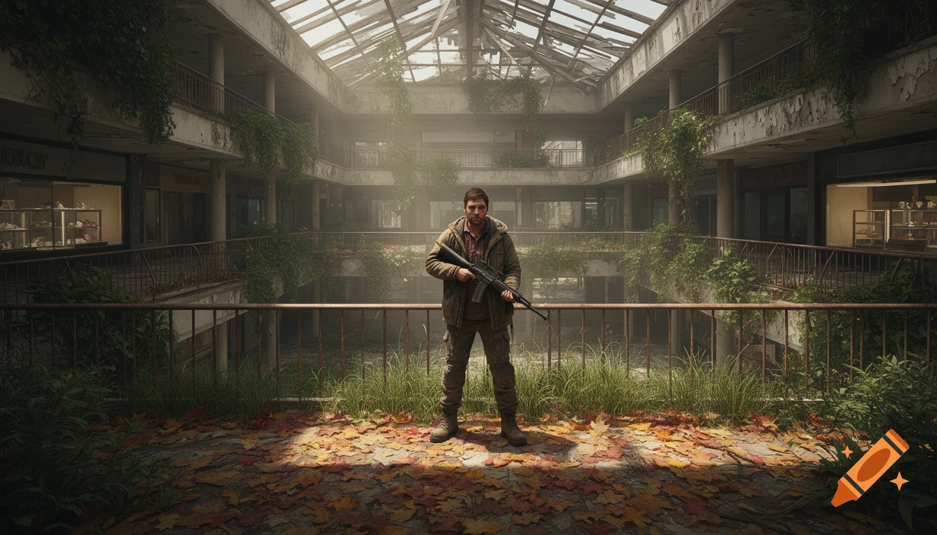 A man with a rifle stands in a dilapidated, overgrown mall with fallen leaves covering the floor, light streaming from the shattered skylights.