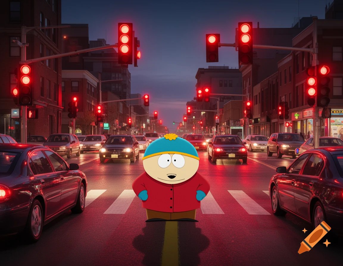 Eric Cartman from South Park stands in the middle of a busy city street at dusk, surrounded by cars and multiple red traffic lights.