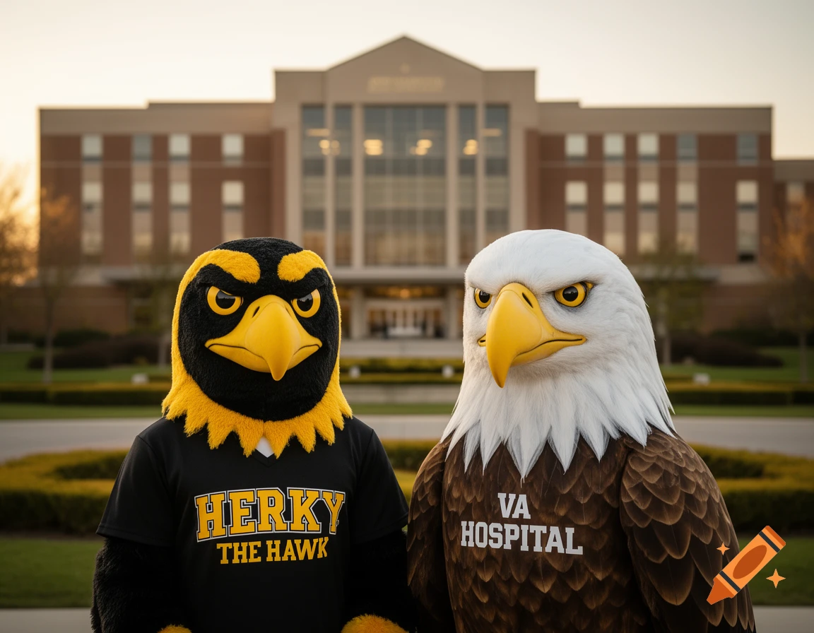 Two realistic bird mascots, a black and yellow hawk and a bald eagle, stand in front of a brick building.