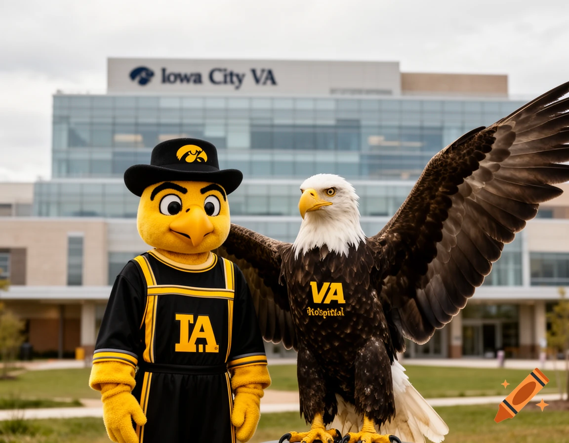 Herky Hawkeye mascot and a bald eagle mascot stand in front of the Iowa City VA hospital, photorealistic.