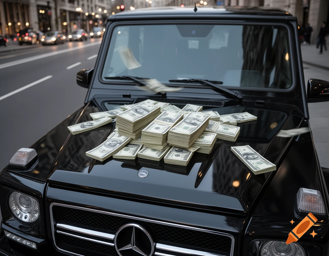 Stacks of US dollar bills on the hood of a shiny black Mercedes G-Wagen, parked on a city street.