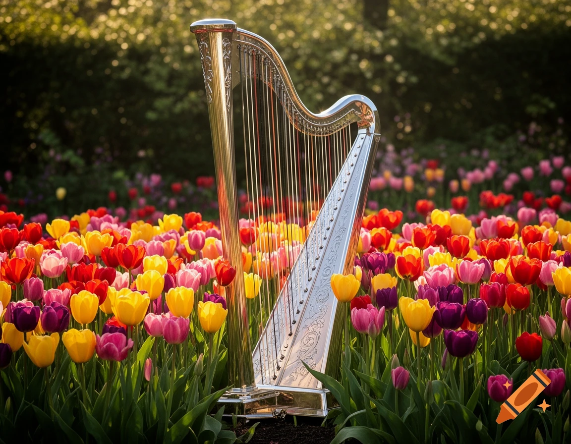 An ornate silver and gold harp stands amidst a vibrant field of red, yellow, pink, and purple tulips in a sunny garden.
