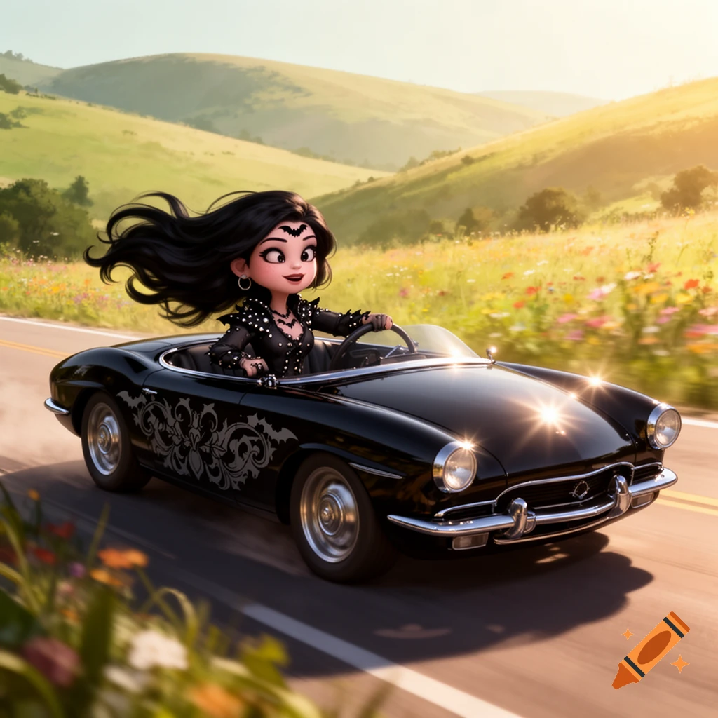 A stylized cartoon girl with black hair and gothic clothing drives a black classic convertible car down a sunny countryside road.