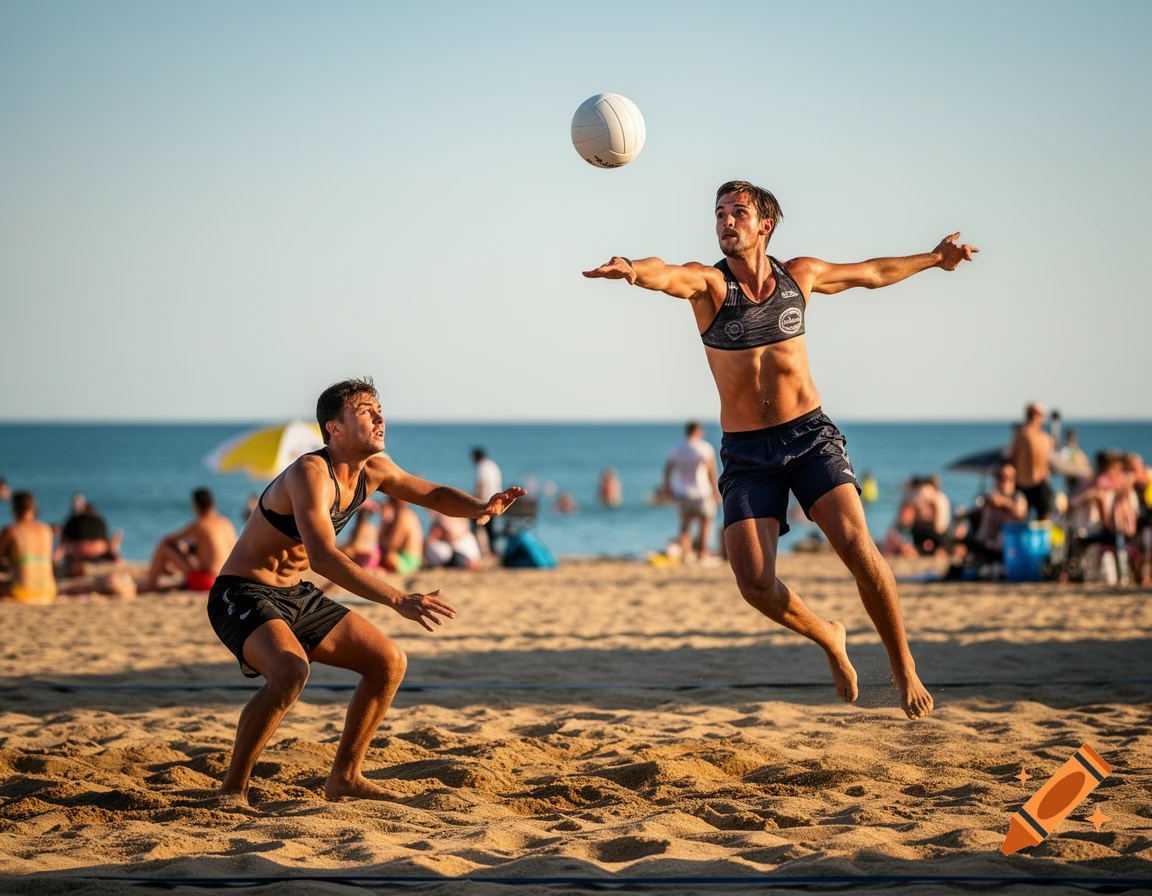 Two men play beach volleyball on a sunny day. One jumps to hit the ball while the other crouches, ready to receive.