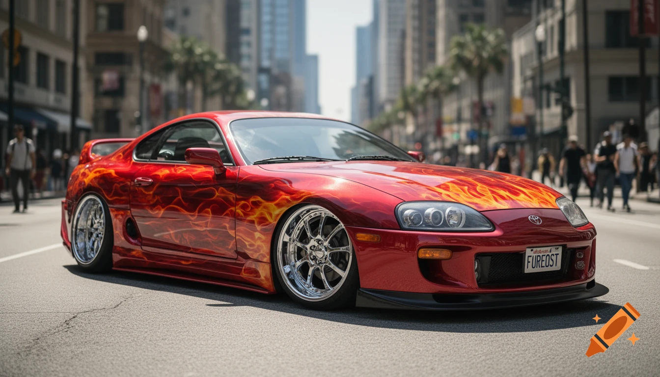 A vibrant red sports car with yellow flame decals and custom chrome wheels parked on a city street.