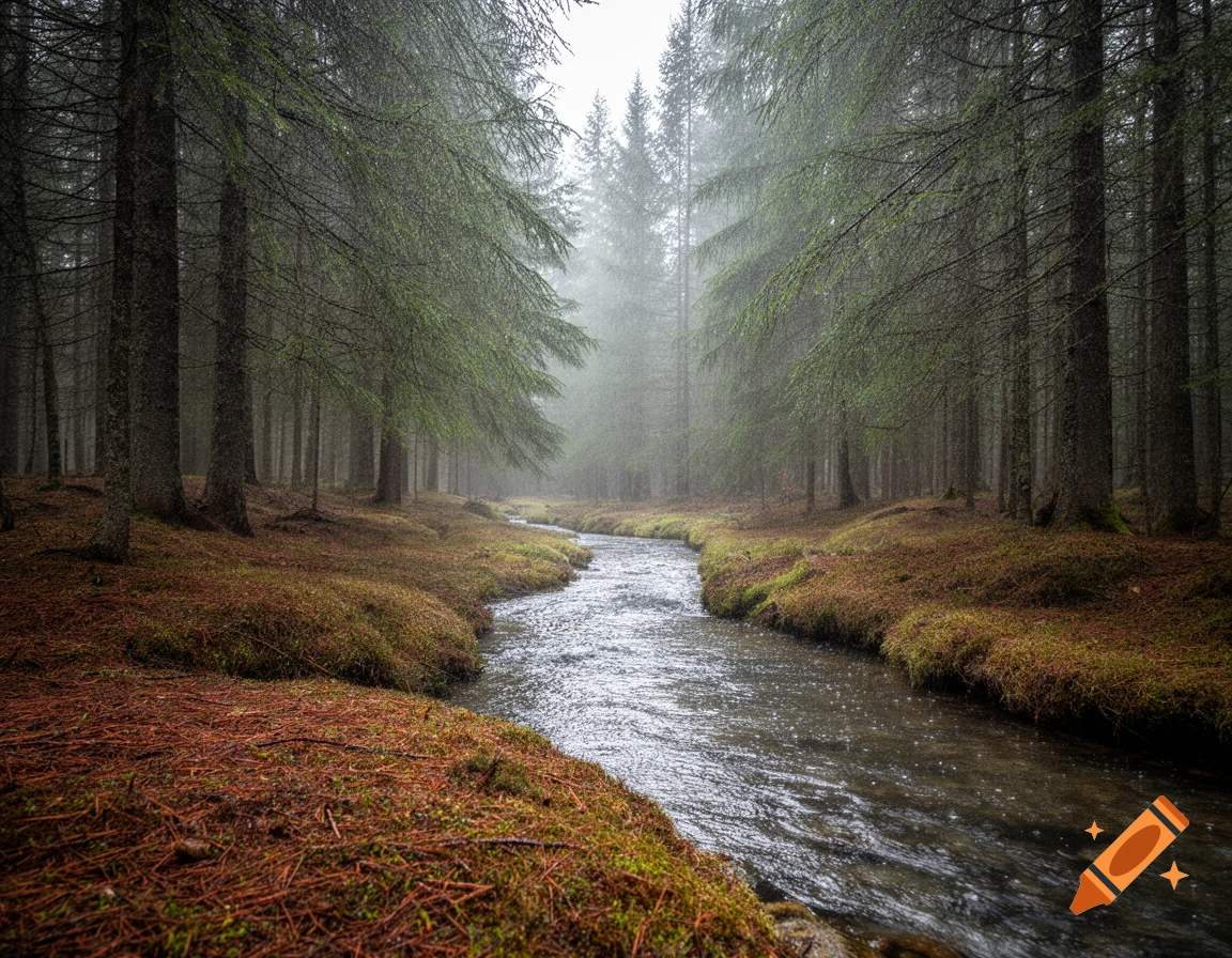A narrow stream winds through a misty forest of pine trees with moss ...
