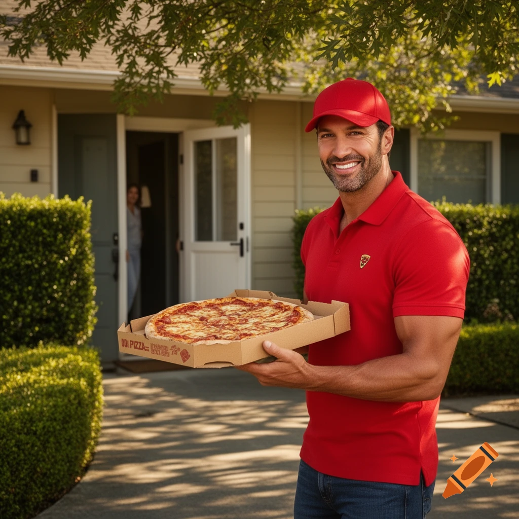 A smiling male pizza delivery driver in a red polo shirt and cap holds a pizza box in front of a house, with a person visible in the open doorway.