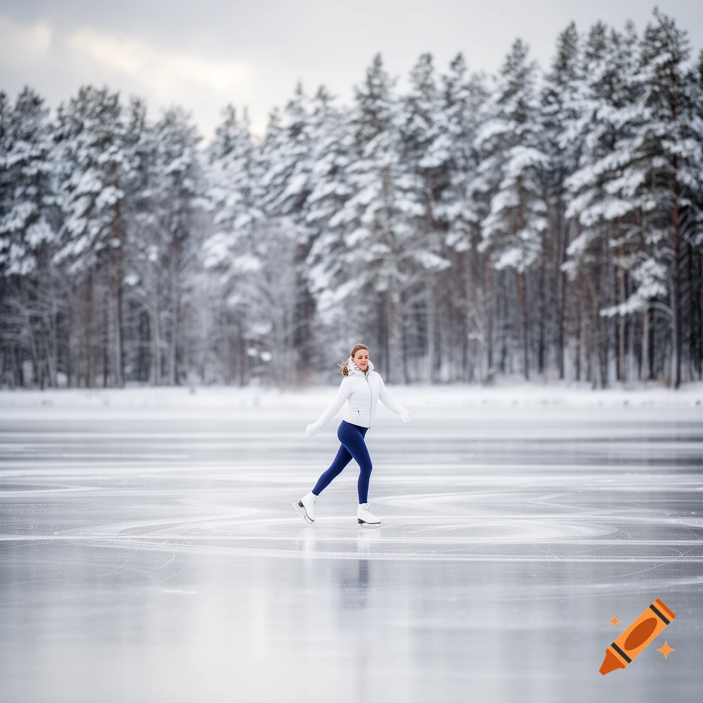 A smiling woman ice skates on a frozen lake surrounded by snow-covered pine trees under a cloudy sky.