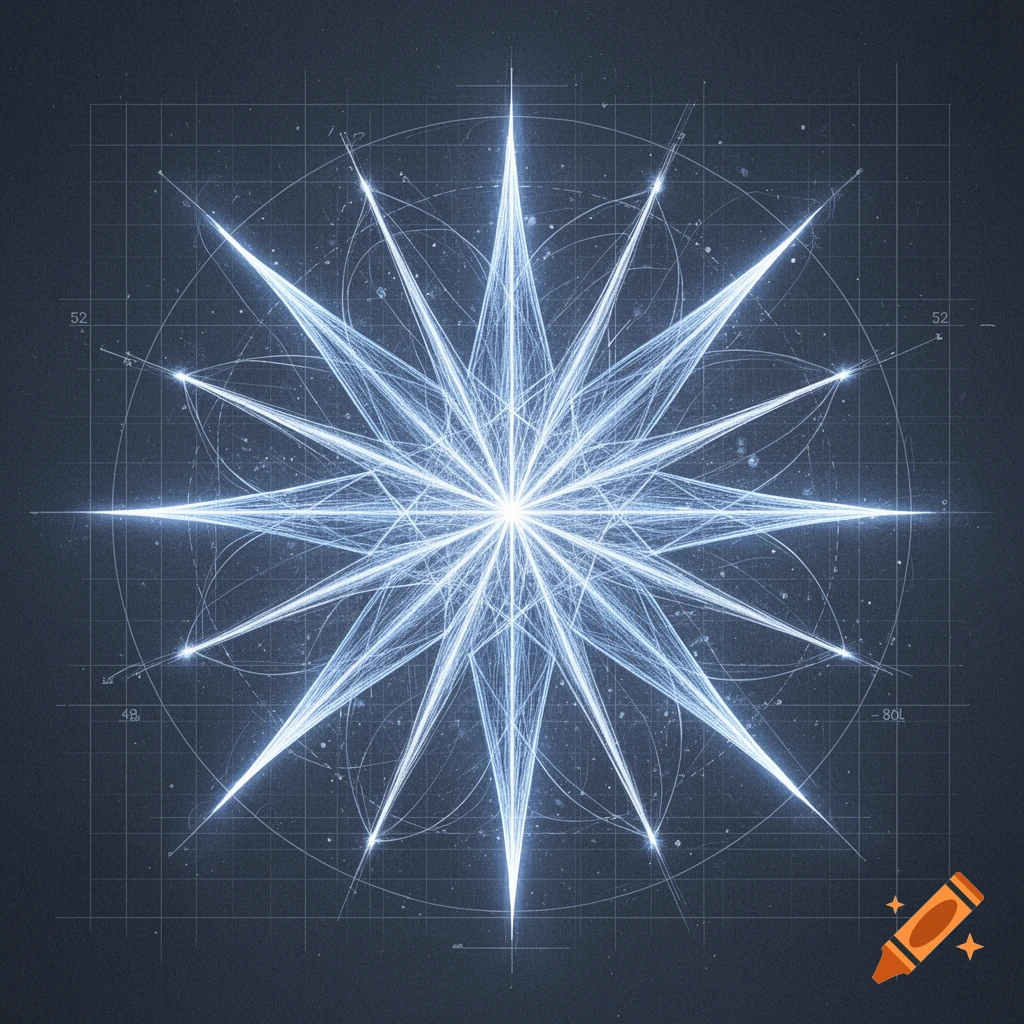A bright, glowing, multi-pointed star rendered in white light lines on a dark blueprint grid background.