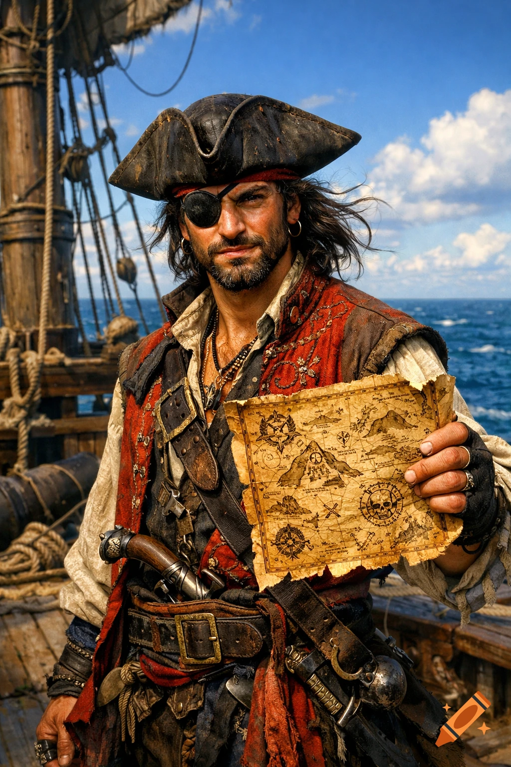 A rugged pirate with a beard and eye patch stands on a ship deck, holding an old treasure map with a skull and compass rose.