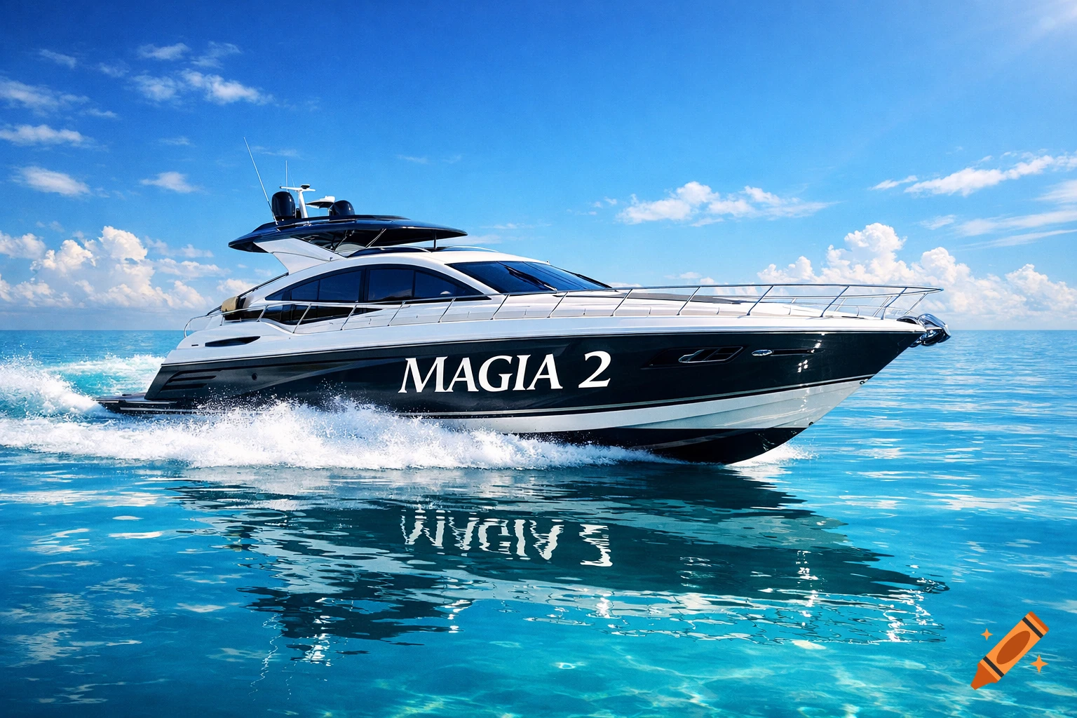 Photorealistic luxury yacht named MAGIA 2 cruising on clear blue water under a sunny sky.