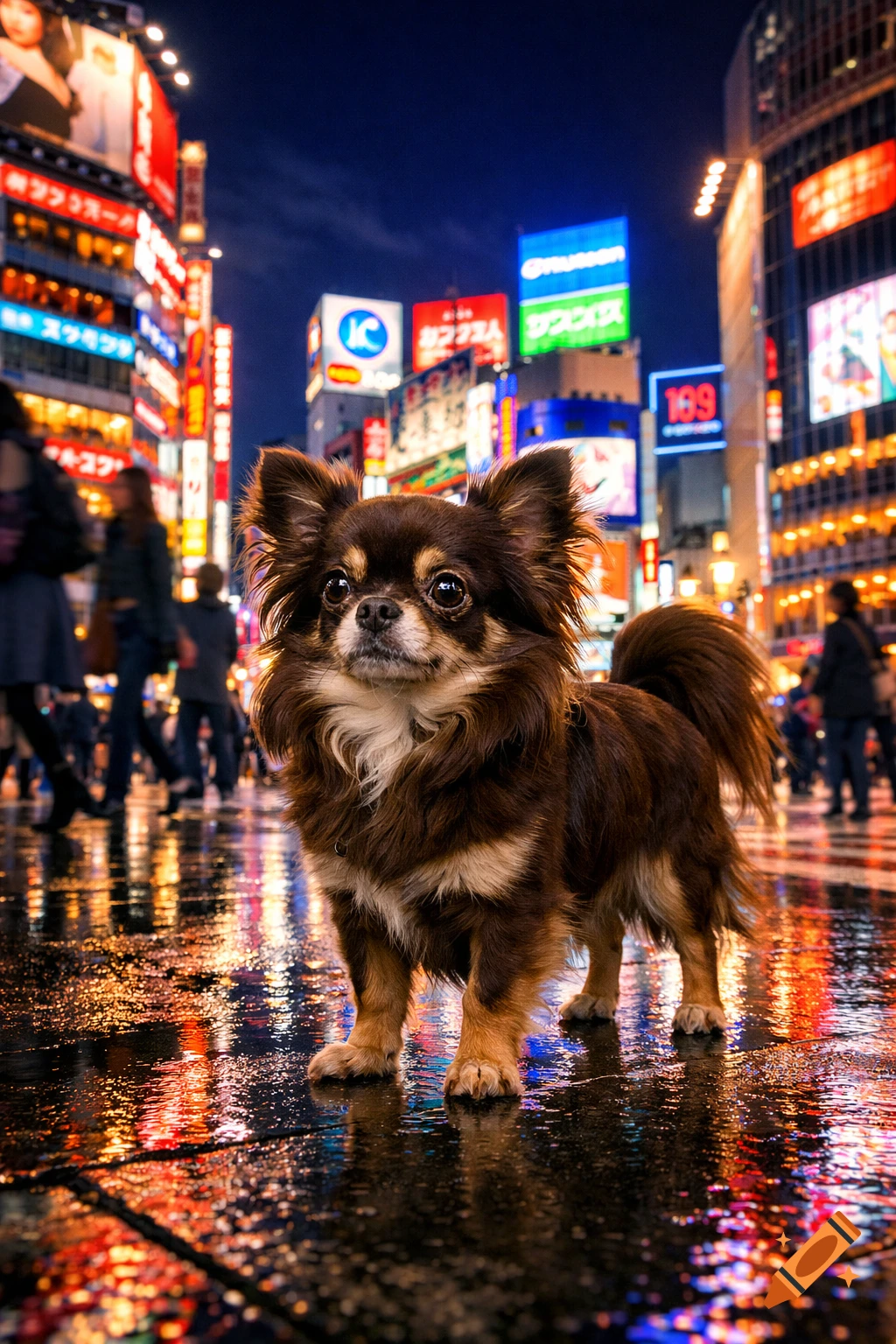 A fluffy brown chihuahua stands on a wet, reflective street in a vibrant Tokyo city at night, surrounded by neon signs.
