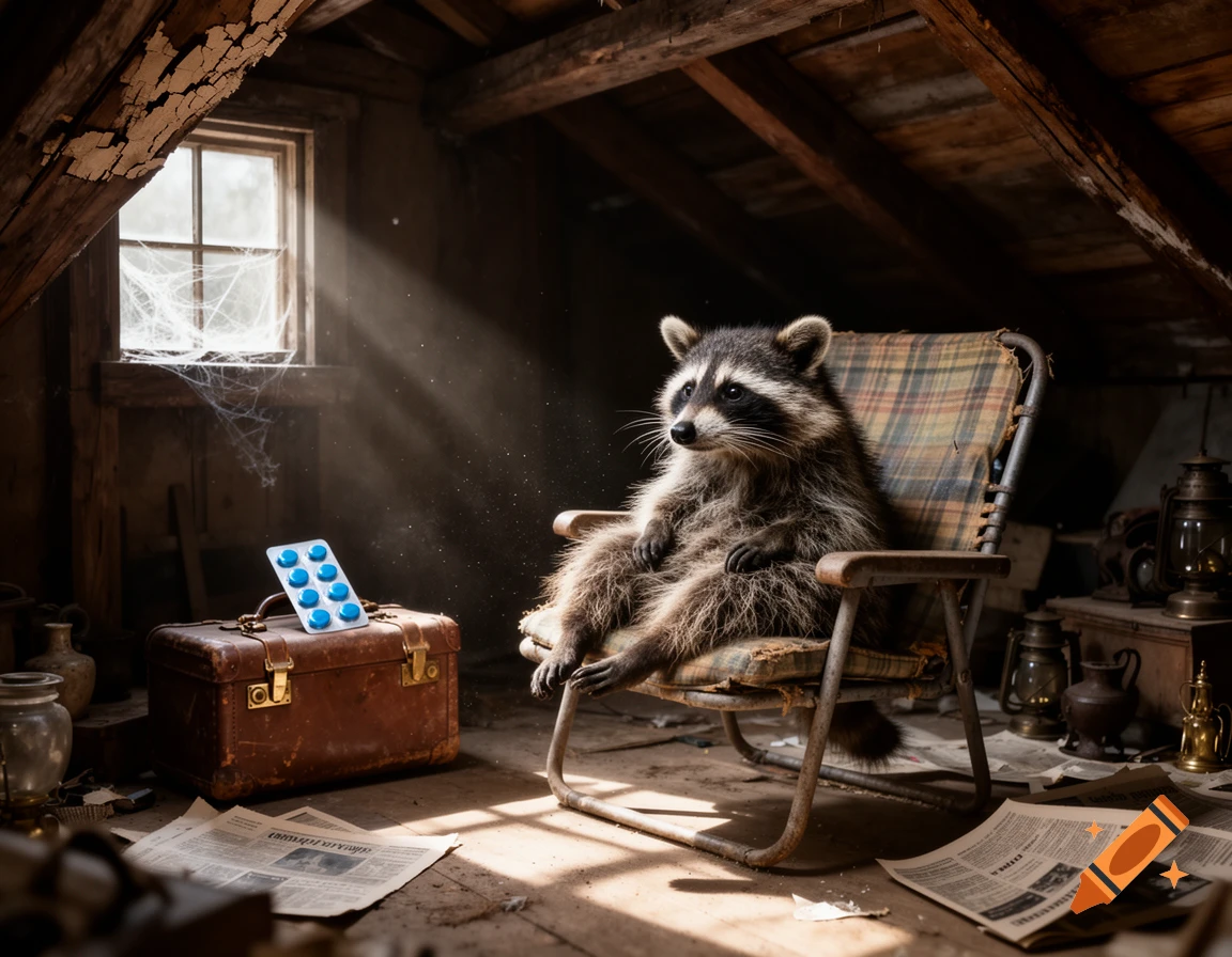 A photorealistic painting of a raccoon sitting in a lawn chair in a dusty attic, with a valise and pill pack nearby.
