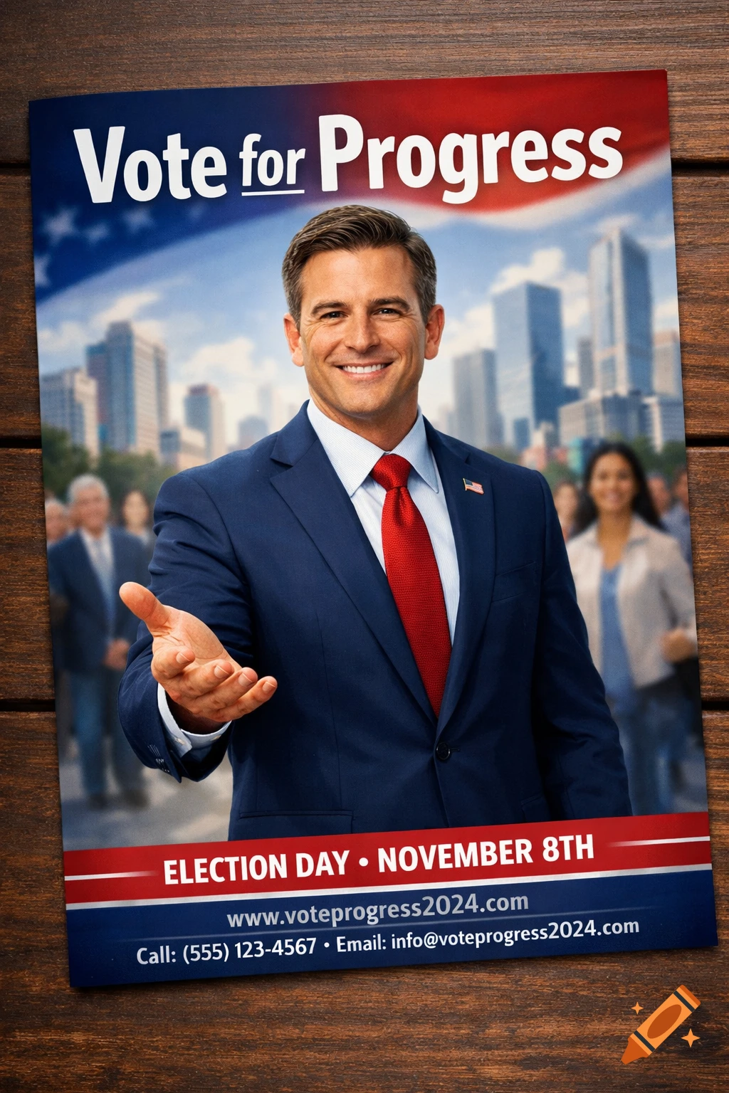 Photorealistic political campaign flyer with a smiling man in a suit, holding out his hand, with text 'Vote for Progress'.