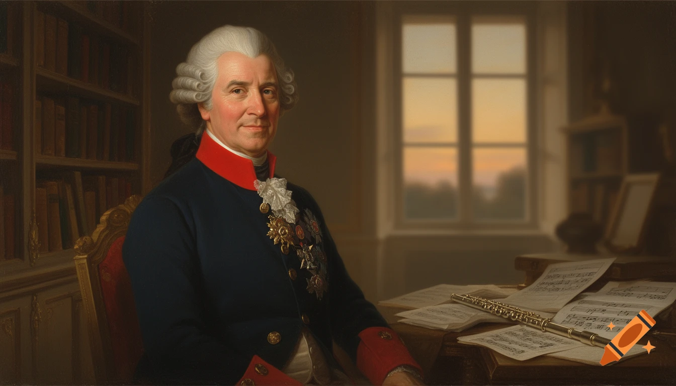 A classical oil painting of an older man with a white wig in a blue uniform, seated at a desk with a flute and sheet music, bookshelves in the background.