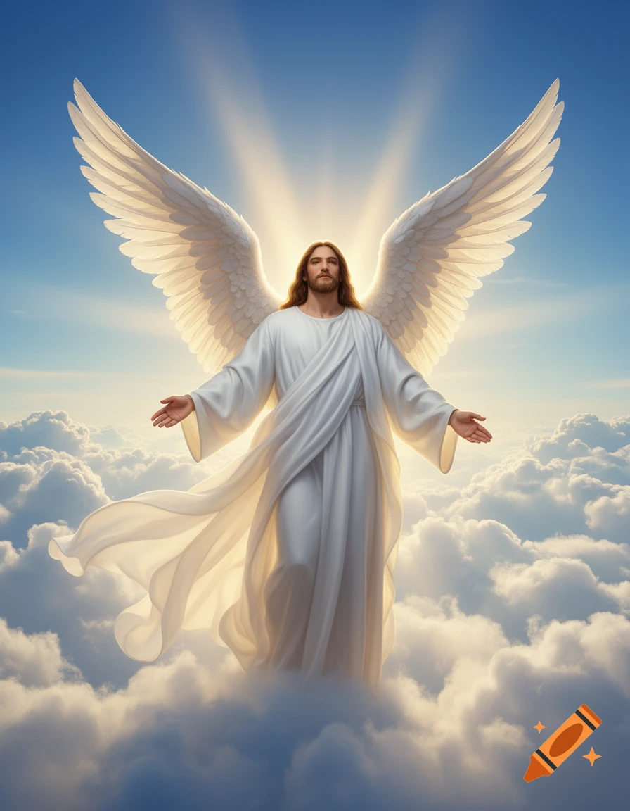 A majestic, photorealistic image of a Christ-like angel with large white wings, glowing, standing in white clouds against a blue sky.