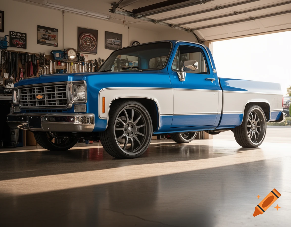 A blue and white 1975 C10 pickup truck with custom wheels is parked in a garage, bathed in sunlight.