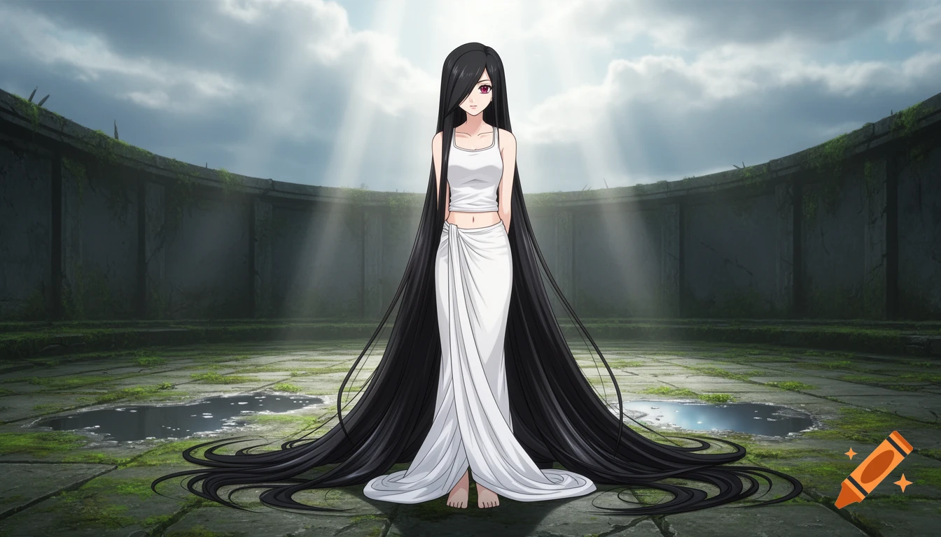 Anime woman with long black hair, white tank top, and white sarong ...
