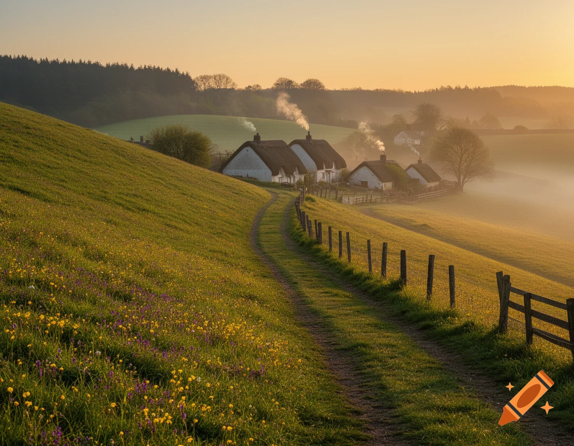 A scenic rural landscape at misty sunrise, featuring a path winding ...