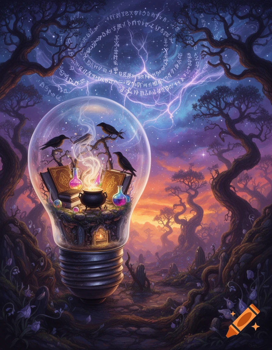A fantasy illustration of a lightbulb containing a witch's cauldron, potions, books, and ravens, set in a magical forest with glowing runes and purple-orange skies.