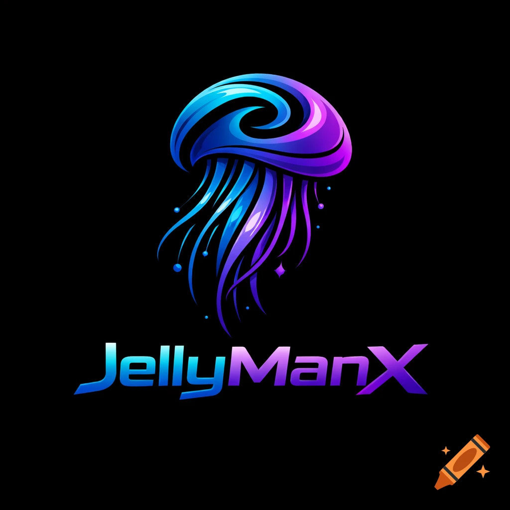 A stylized blue and purple jellyfish logo with flowing tentacles, above the text "JellyManX" on a black background.