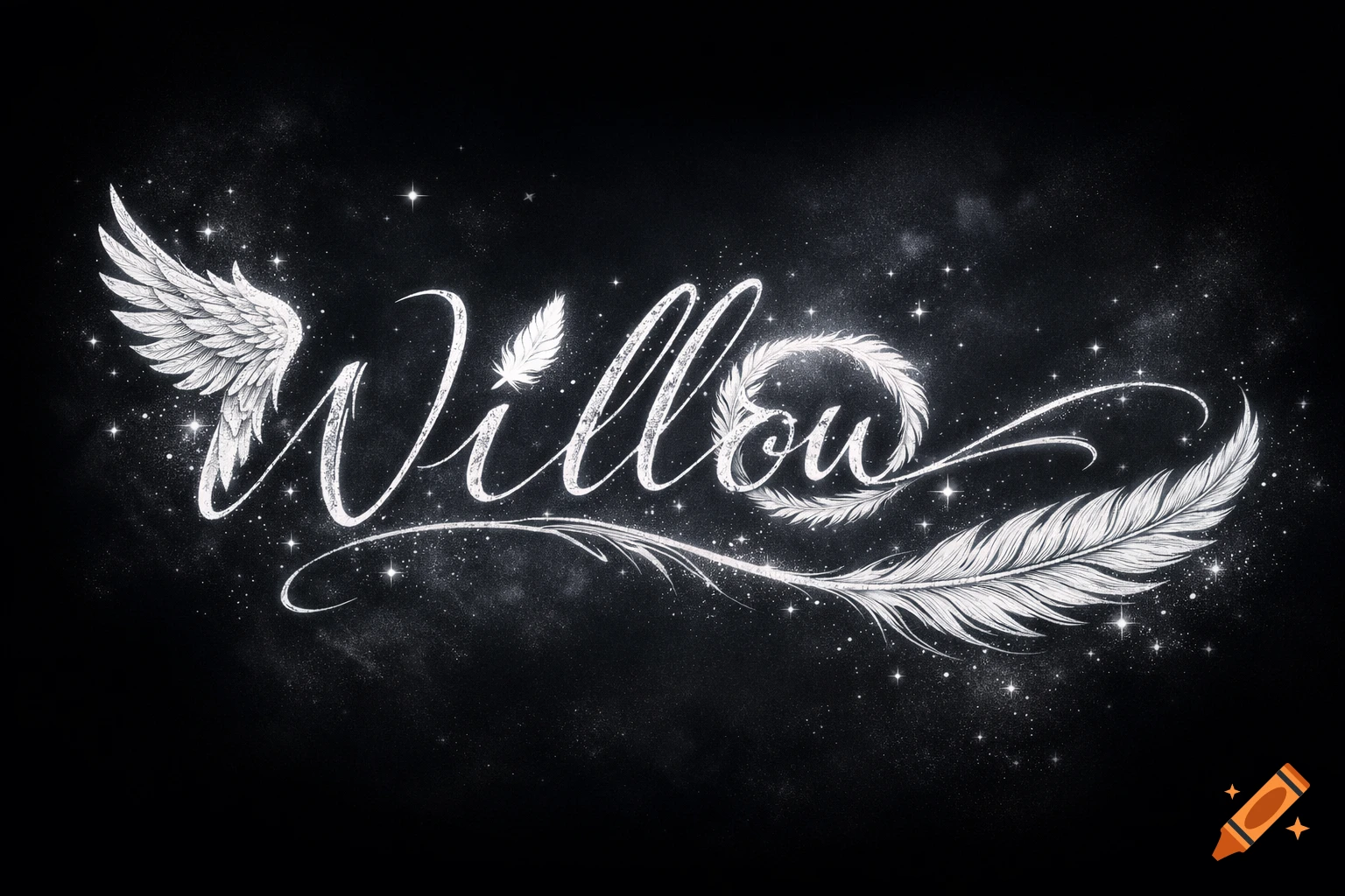 Elegant white script of the name 'Willow' with angel wings, feathers, and stars on a dark background.