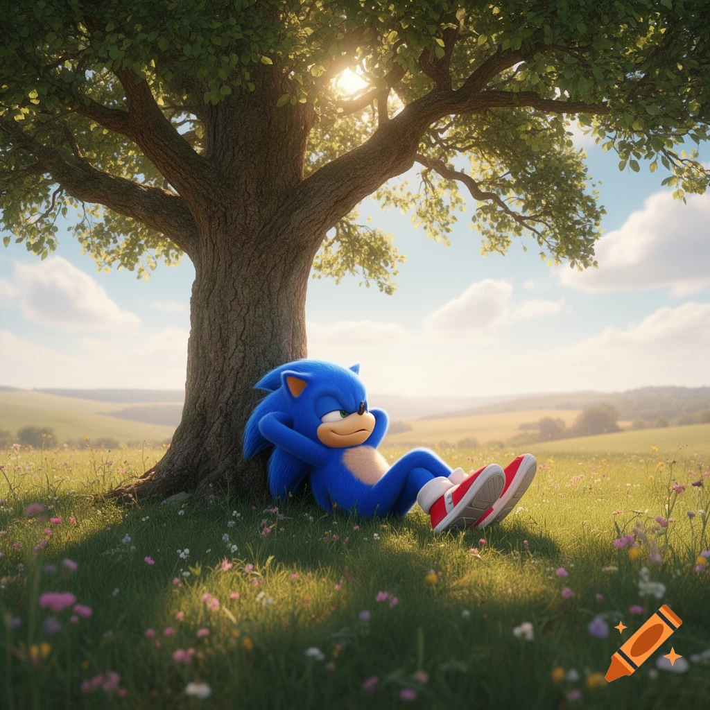 Sonic the Hedgehog relaxes under a large tree in a sunny, grassy field filled with wildflowers, looking peaceful.