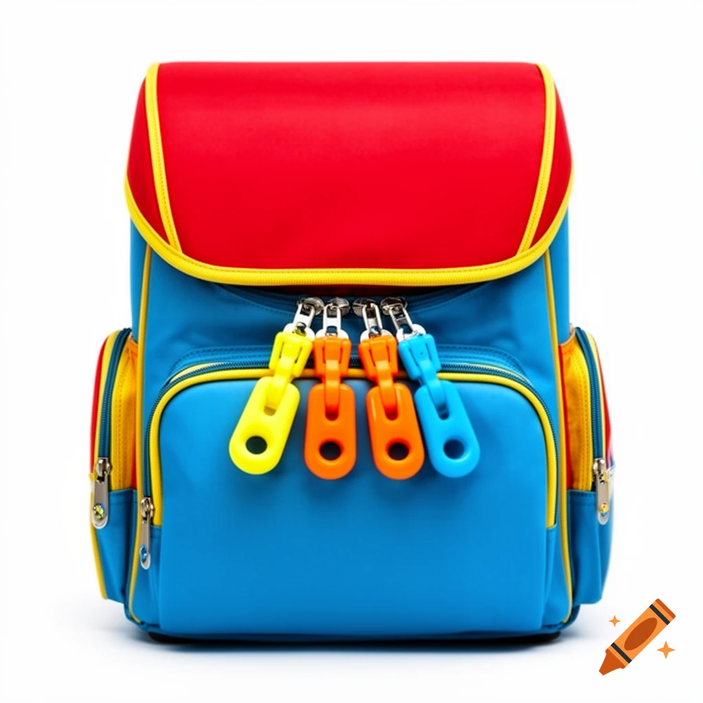 Colorful school backpack with a red top flap, blue body, yellow trim, and large yellow, orange, and blue zipper pulls on a white background.