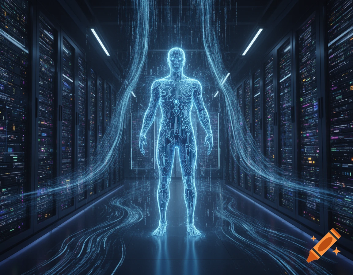 A glowing blue code and circuitry humanoid in a dark, futuristic data center with flowing data streams, cyberpunk style.