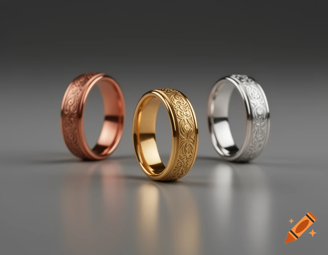 Three ornate engraved rings in copper, gold, and silver, standing on a dark reflective surface.