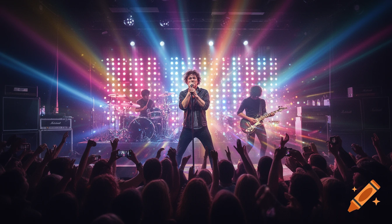 A band performs on a brightly lit stage with a colorful LED backdrop to an enthusiastic audience.