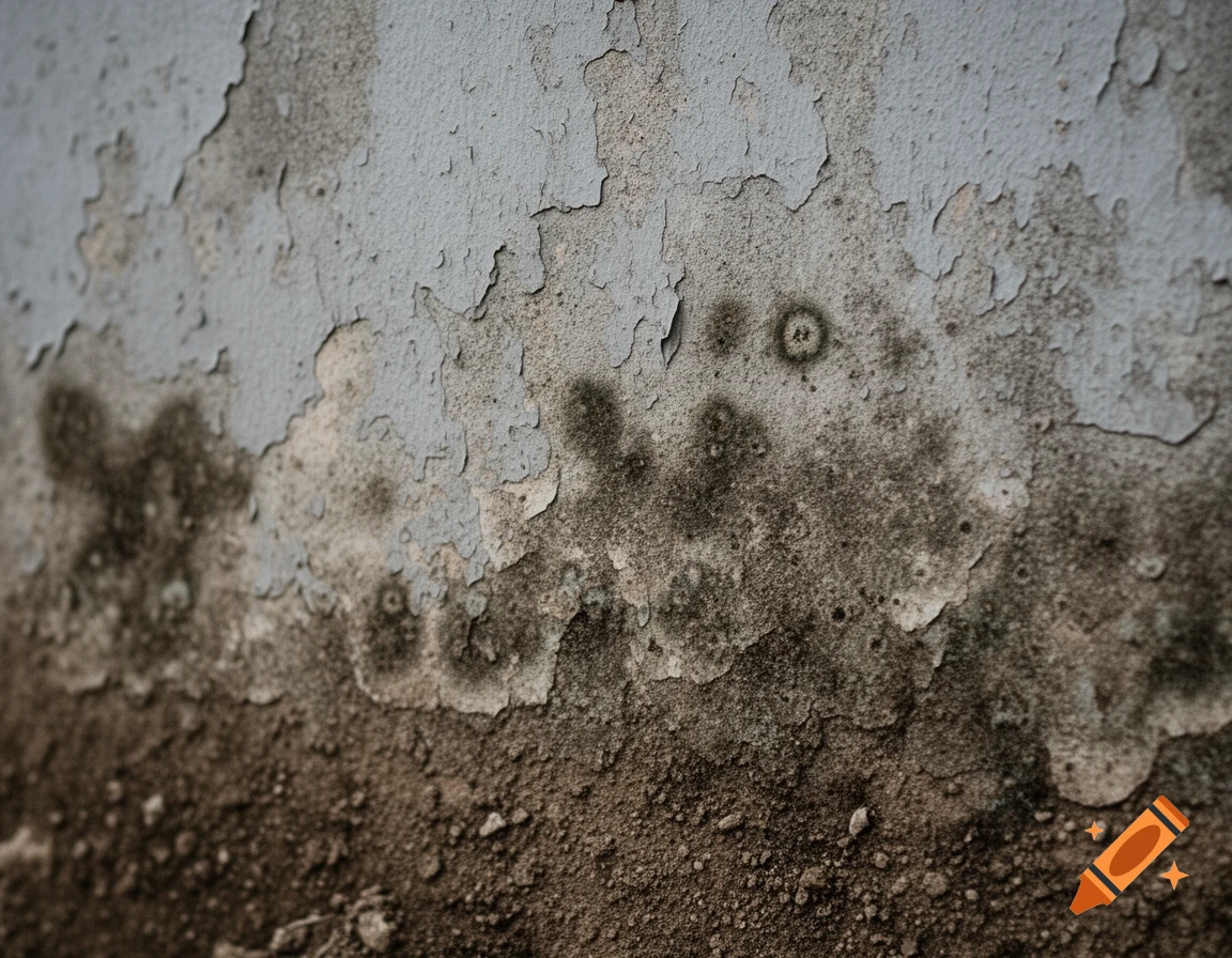 Close-up of a grey wall with peeling paint, dark mold, and dirt accumulating at the bottom, creating a grunge texture.