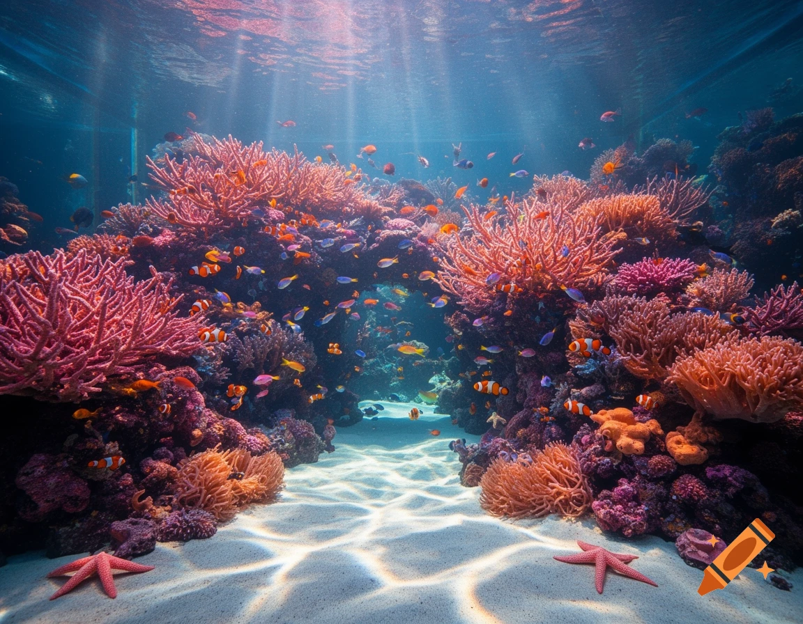 Vibrant underwater coral reef with diverse fish and two red starfish on a sandy seabed, sun rays penetrate from above.