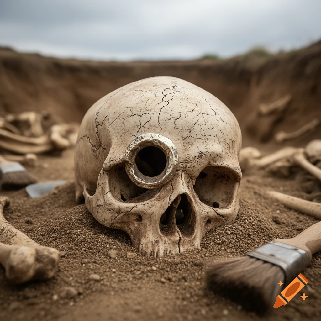 A photorealistic ancient skull with a metallic-rimmed hole in its forehead, partially buried in sand with excavation tools and other bones.