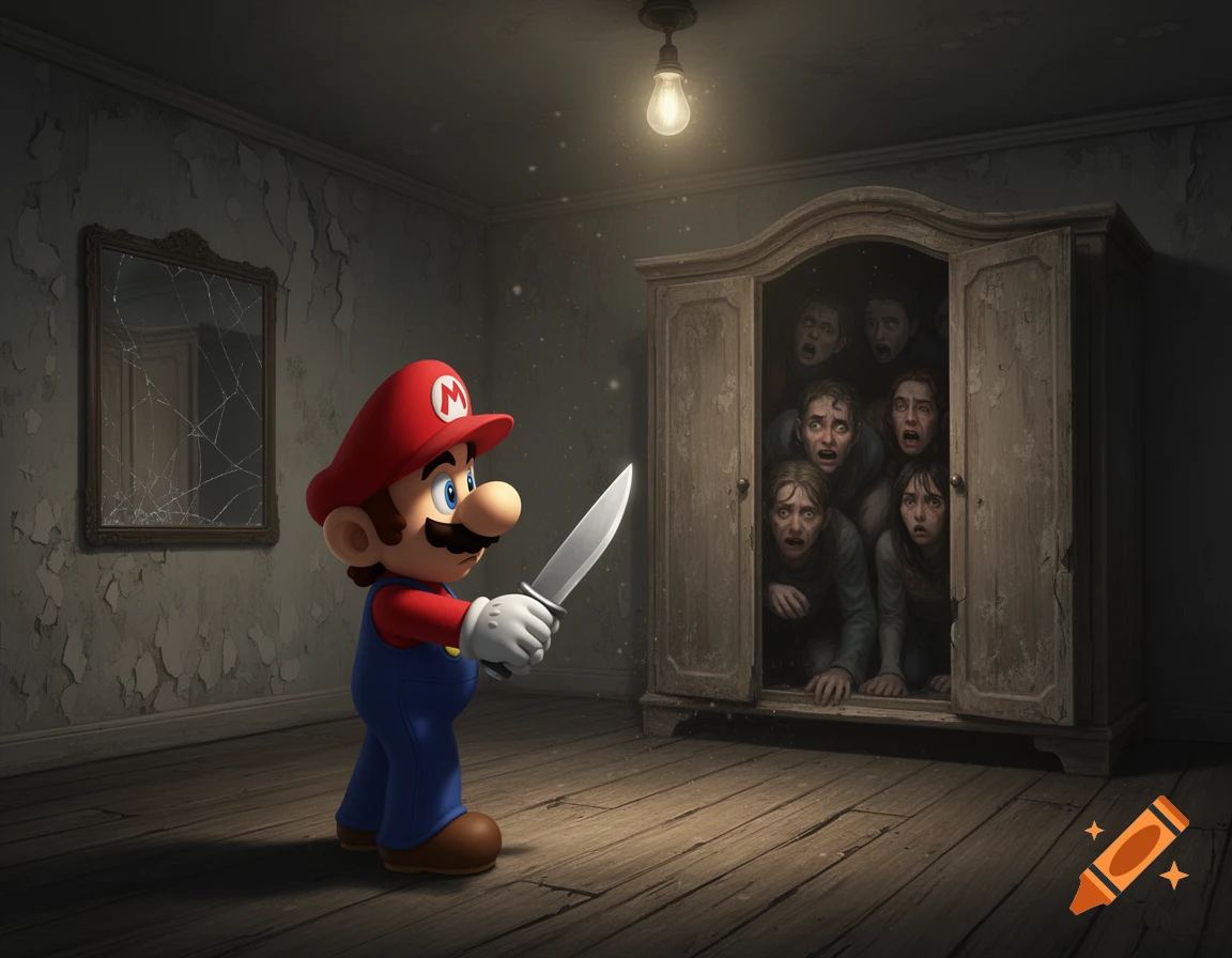 Mario with a knife stands in a dark room. An old closet behind him bursts open, revealing multiple screaming, fearful faces.